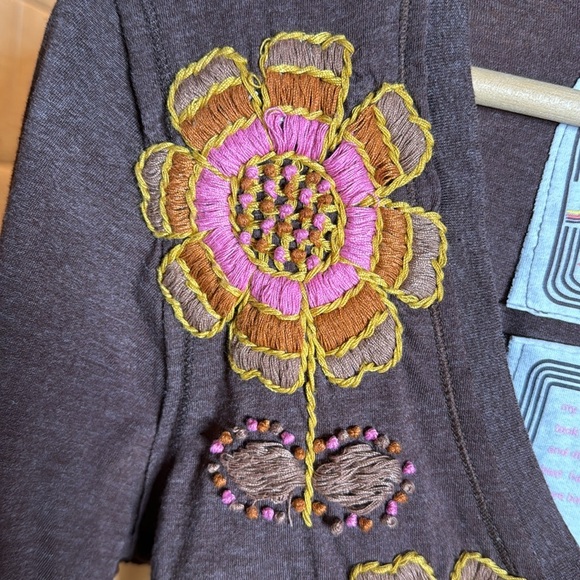 Johnny Was Brown Long Sleeve Tee with Floral Embroidery - Picture 5 of 11